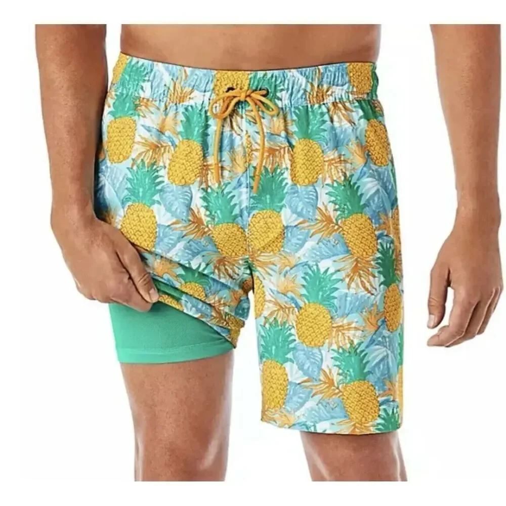 NWT Mens Members Mark 4-Way Stretch SPF 50 Resort Pineapple Swimming Trunks XXL